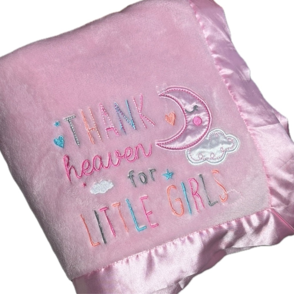 Satin Edge Pink Embroidered Baby Bunting Blanket Thank Heaven for Little Girls